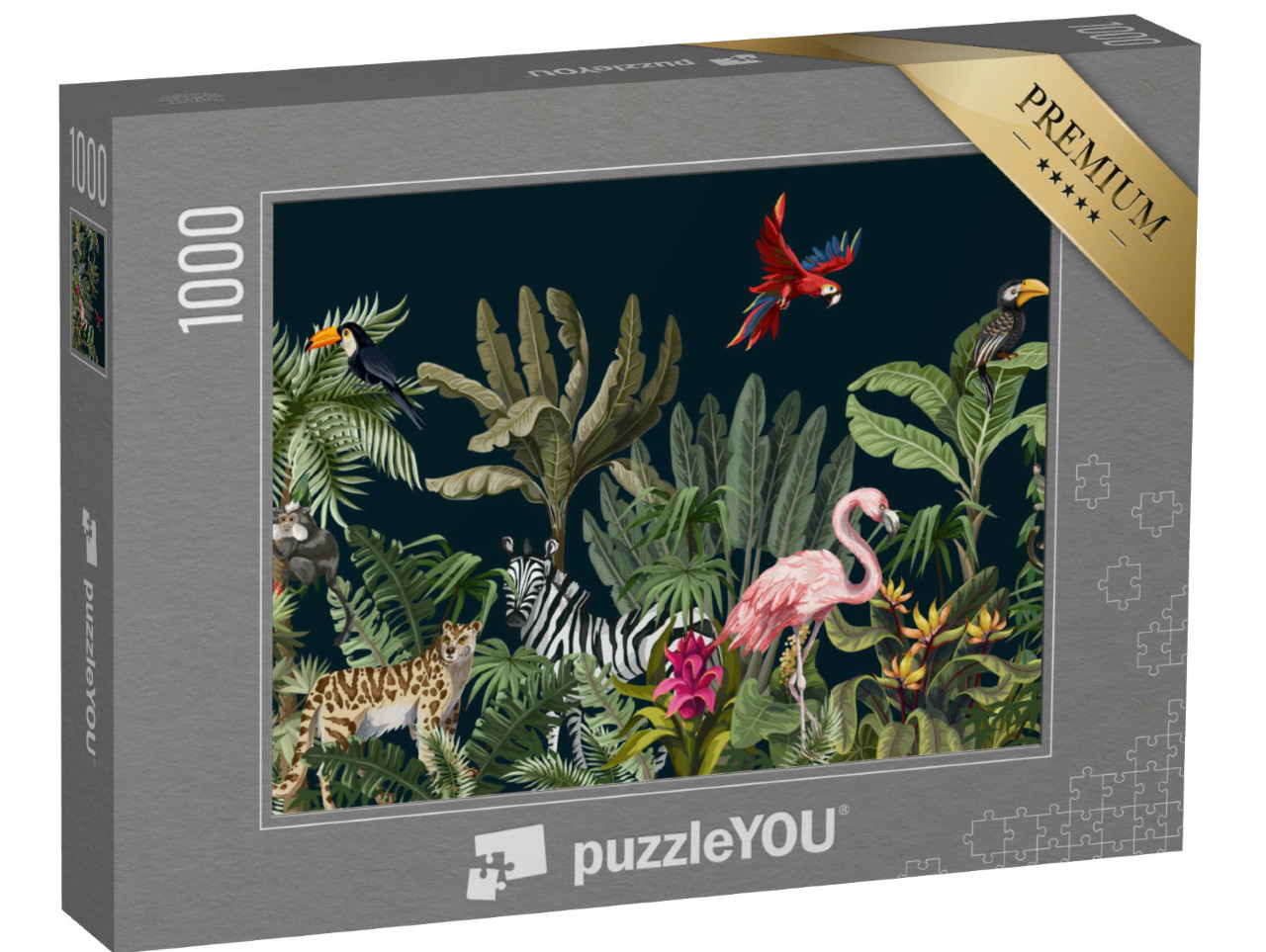 Puzzel 1000 stukjes „Naadloos patroon met jungledieren, bloemen en bomen“
