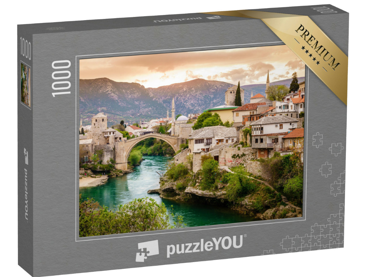 Puzzel 1000 stukjes „Indrukwekkende stad Mostar aan de rivier de Neretva, Bosnië“