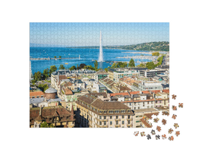 Puzzel 1000 stukjes „Uitzicht over Genève en het Meer van Genève, Zwitserland“