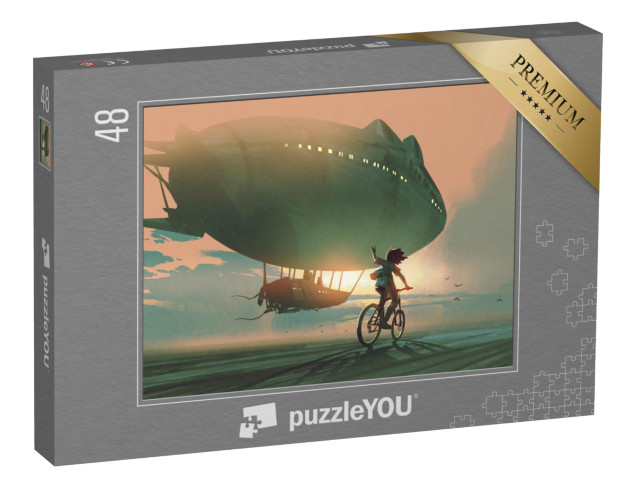 Puzzel 48 stukjes „Fietsend kind zwaait na een zeppelin“