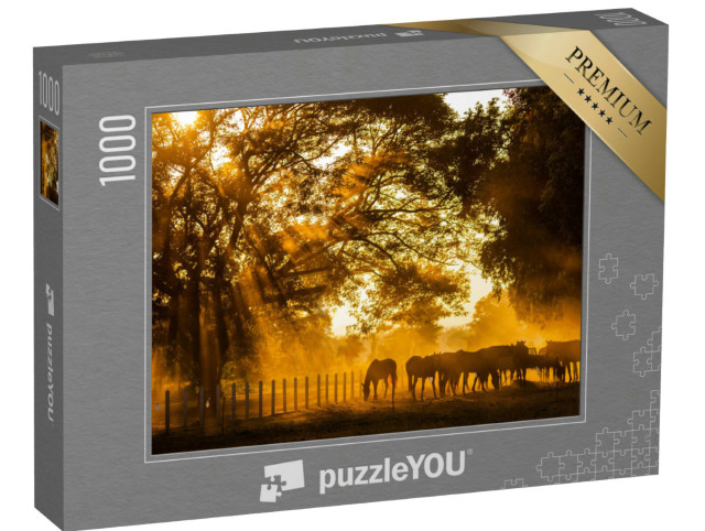 Puzzel 1000 stukjes „Paarden grazen in het gouden avondlicht“
