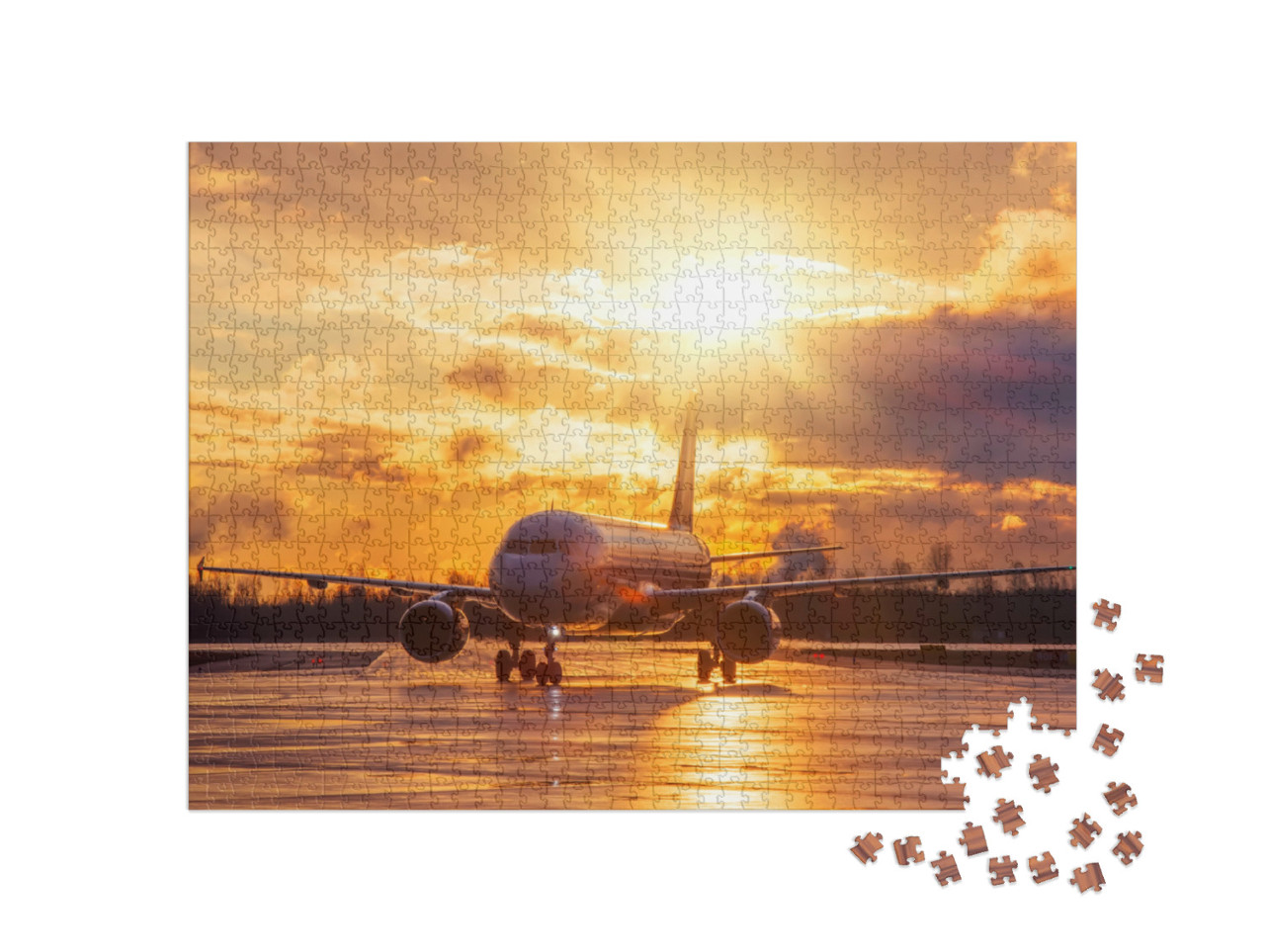 Puzzel 1000 stukjes „Vliegtuigen op de startbaan in de gloedvolle zonsondergang“