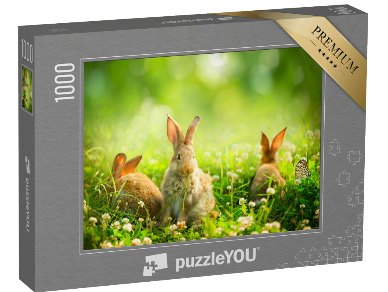 Puzzel 1000 stukjes „Konijnen tussen lentebloemen en groen gras“