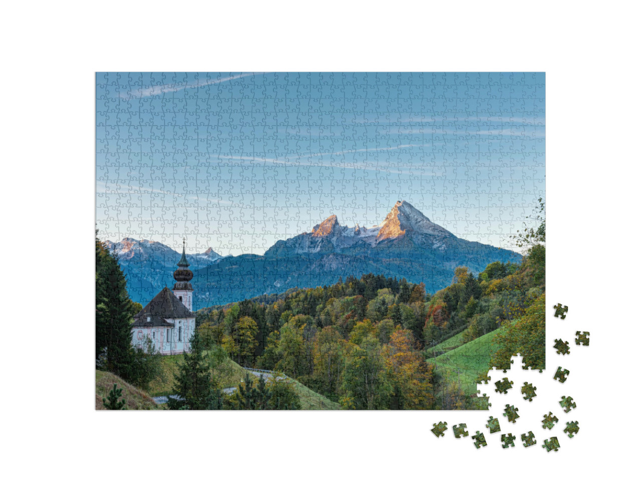 Puzzel 1000 stukjes „Herfstochtend boven Maria Gern en de Watzmann, Duitsland“