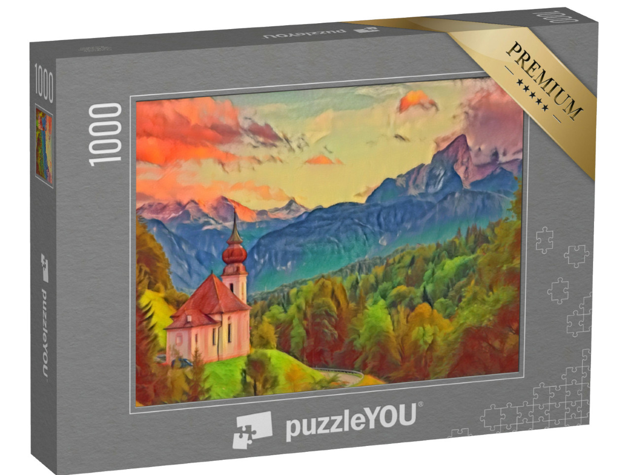 Puzzel 1000 stukjes „in de kunststijl van Franz Marc - Watzmann met Maria Gern kerk - Puzzelcollectie Kunstenaars & Schilderijen“