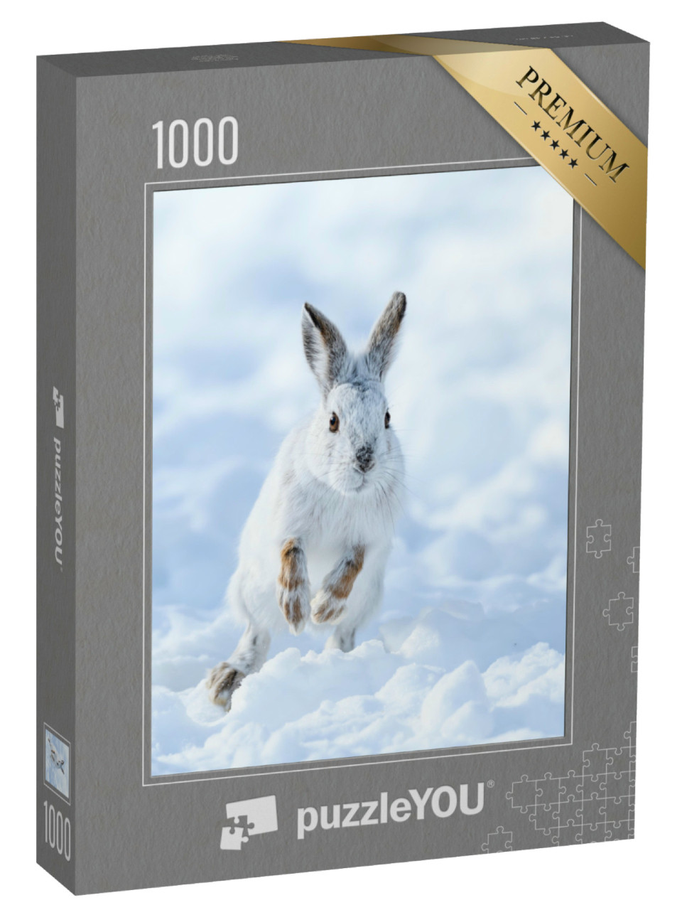 Puzzel 1000 stukjes „Witte sneeuwhaas springend door de sneeuw“