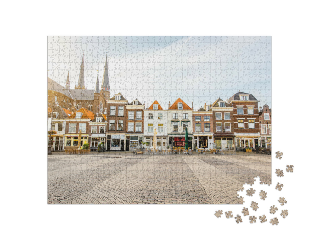 Puzzel 1000 stukjes „Zicht op de prachtige gevels en de kerk op het centrale plein in Delft“