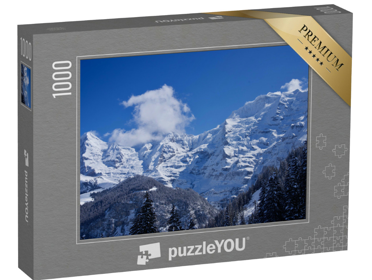 Puzzel 1000 stukjes „Panorama van de Berner Alpen met de bergtoppen Eiger, Mönch en Jungfrau, Zwitserland“