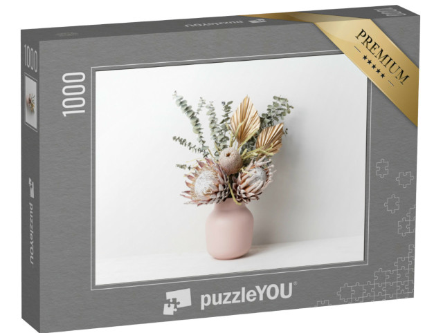 Puzzel 1000 stukjes „Gedroogd bloemstuk in een roze vaas“