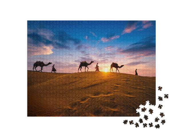 Puzzel 1000 stukjes „Kameeldrijver in de zandduinen van de Thar-woestijn, India“