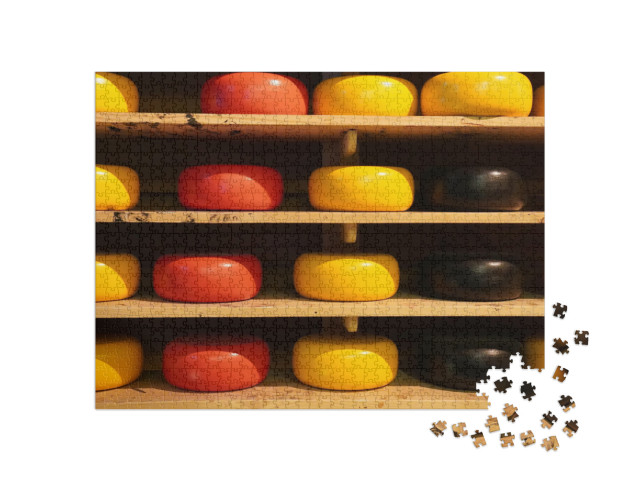 Puzzel 1000 stukjes „Kleurrijke kaas, assortiment kaaswielen in verschillende kleuren en smaken“