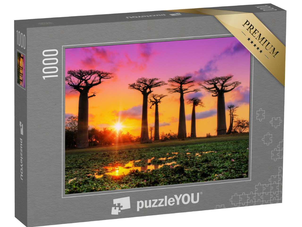Puzzel 1000 stukjes „Kleurenspel bij zonsondergang op de laan van baobabs, Madagaskar“