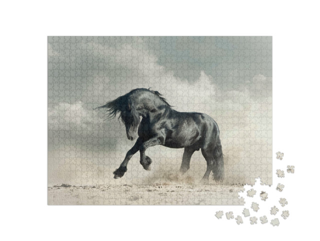 Puzzel 1000 stukjes „Wilde zwarte hengst in de woestijn“