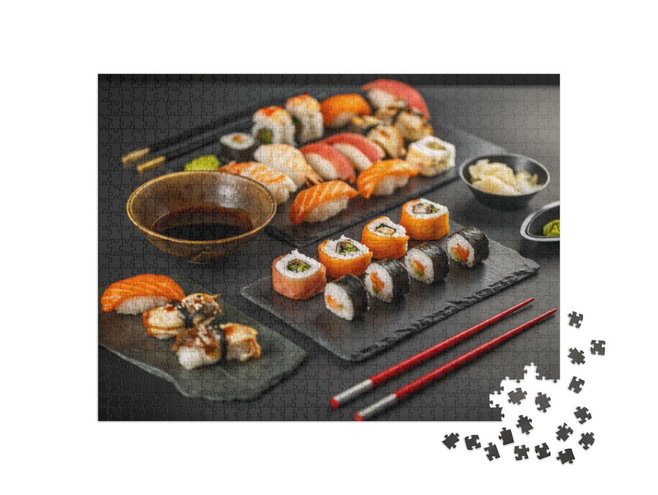 Puzzel 1000 stukjes „Verse sushi op zwart leitje“