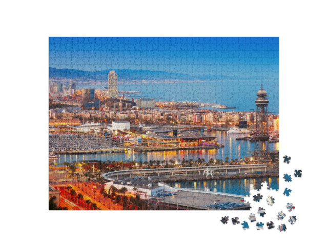 Puzzel 1000 stukjes „Barcelona en de haven in de avond, Spanje“