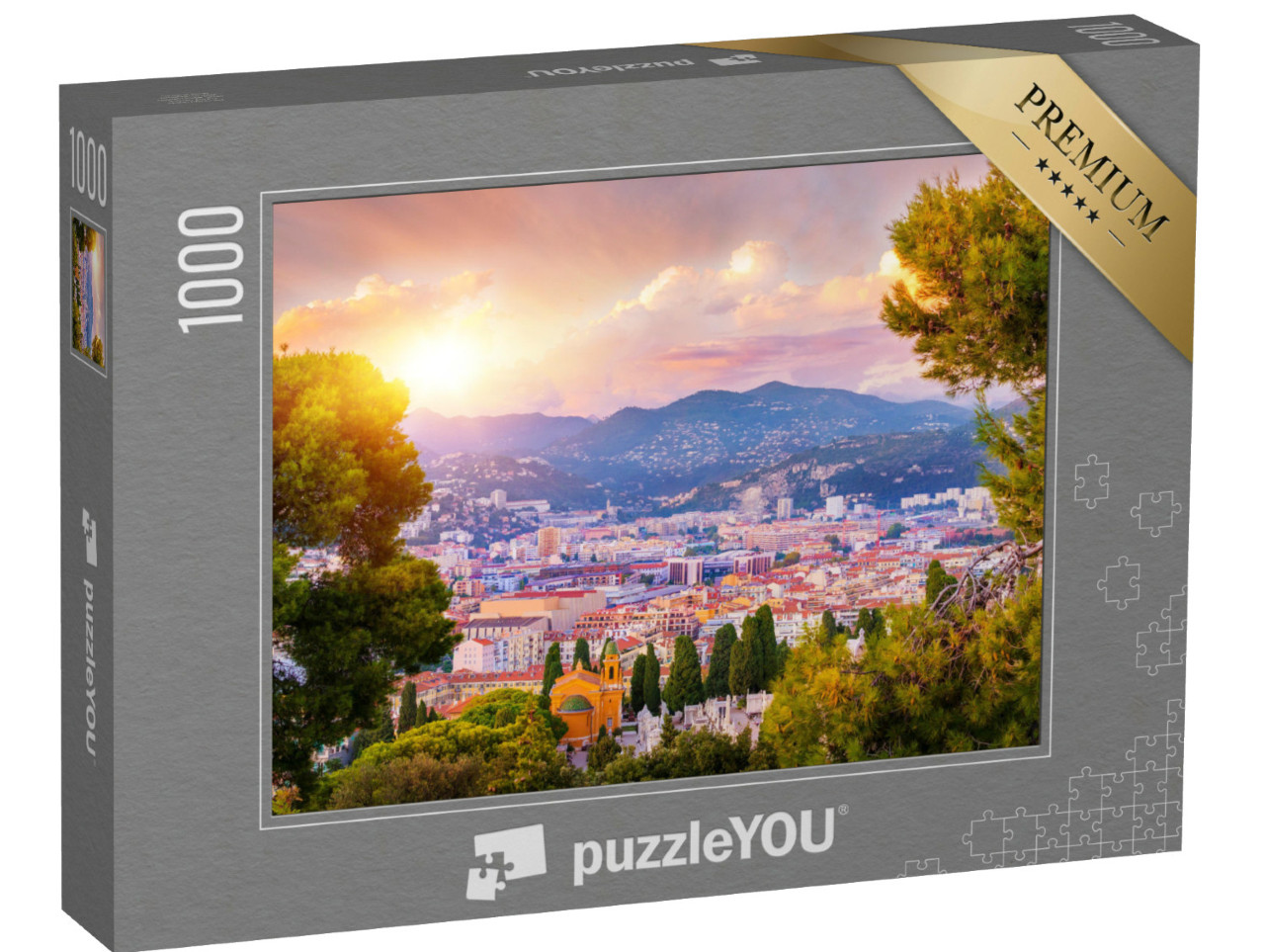 Puzzel 1000 stukjes „Luchtfoto van Nice, Cote d'Azur bij zonsondergang, Frankrijk“