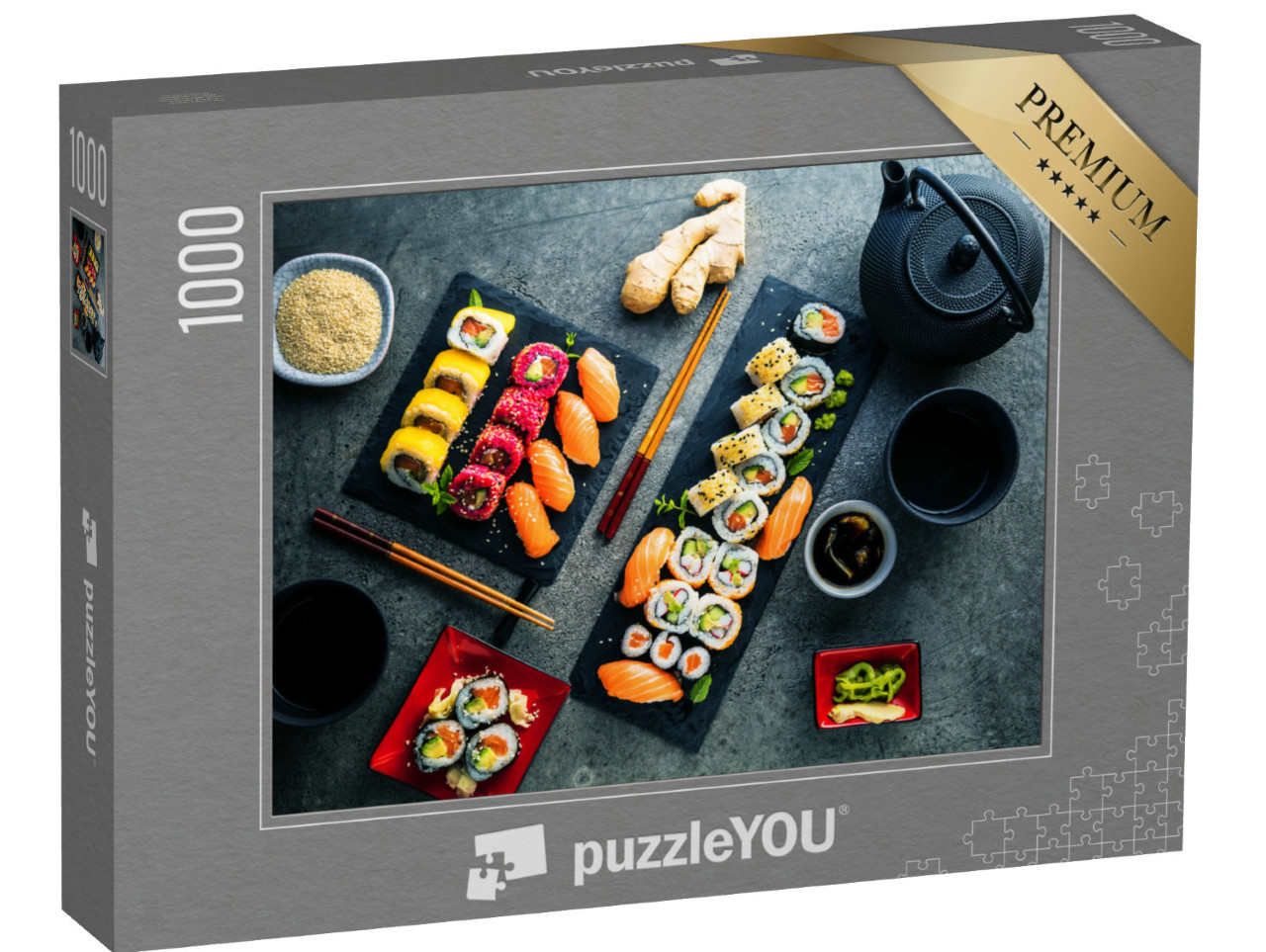 Puzzel 1000 stukjes „Maki en binnenstebuiten rollen met tonijn, zalm, garnalen en avocado“