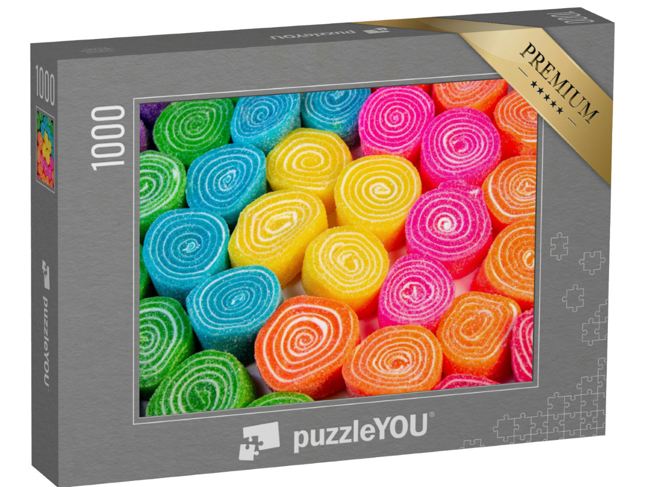Puzzel 1000 stukjes „Veelkleurige snoepspiralen in blauw, oranje, roze, geel en groen“
