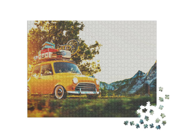 Puzzel 1000 stukjes „Retro auto met koffers en fiets in de zonsondergang“