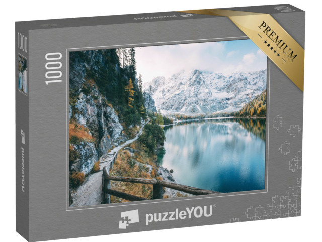 Puzzel 1000 stukjes „Het meer van Braies in de besneeuwde Dolomieten“