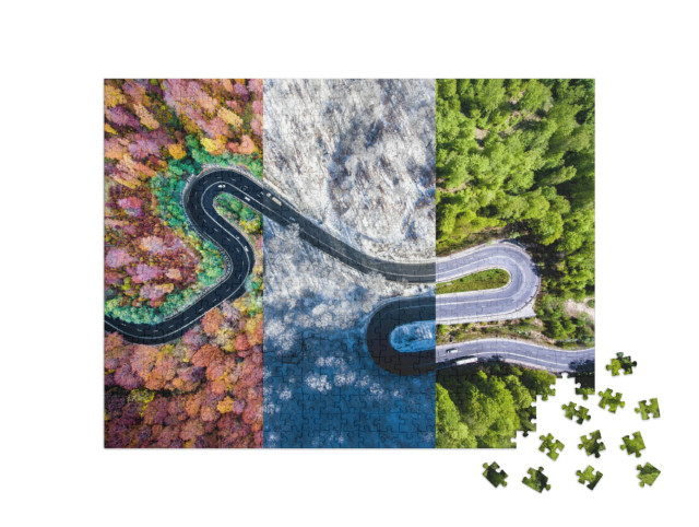 Puzzel 500 stukjes „Kronkelende weg in het bos door de seizoenen“