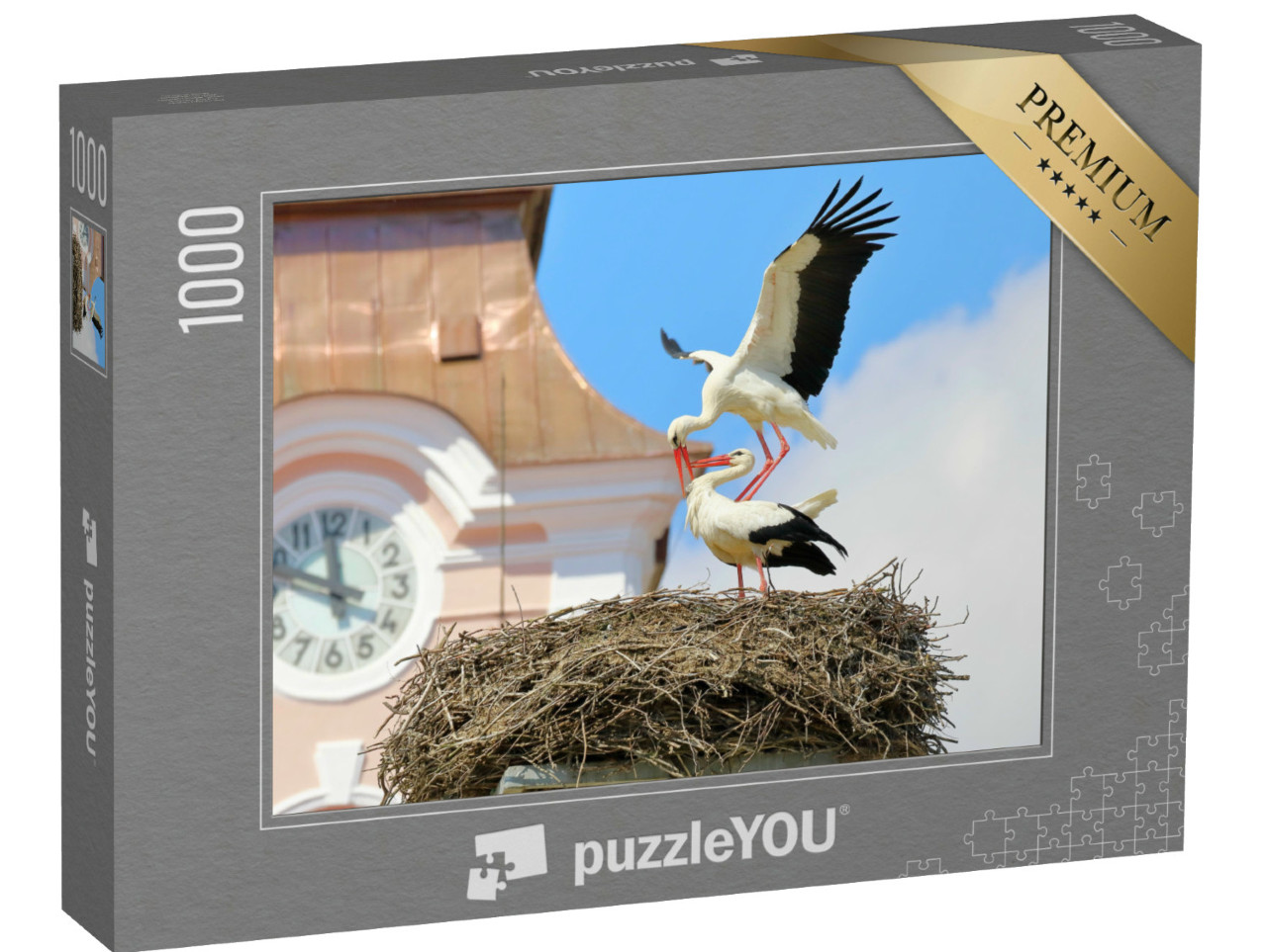 Puzzel 1000 stukjes „Paring van witte ooievaars in het nest op een kerk“