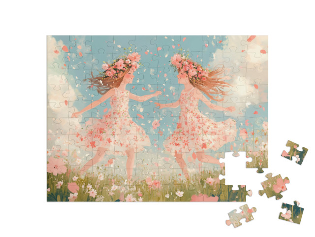 Puzzel 100 stukjes „Twee lentefeeën en hun bloemen“