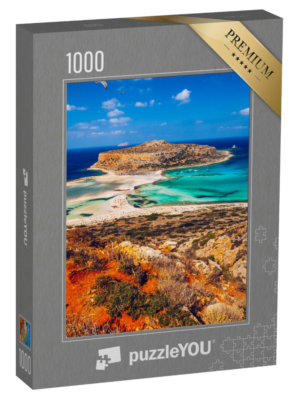 Puzzel 1000 stukjes „Balos Lagoon en Gramvousa op Kreta met meeuwen en strand“