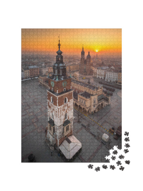 Puzzel 1000 stukjes „Luchtfoto van het marktplein in Krakau bij zonsopgang“