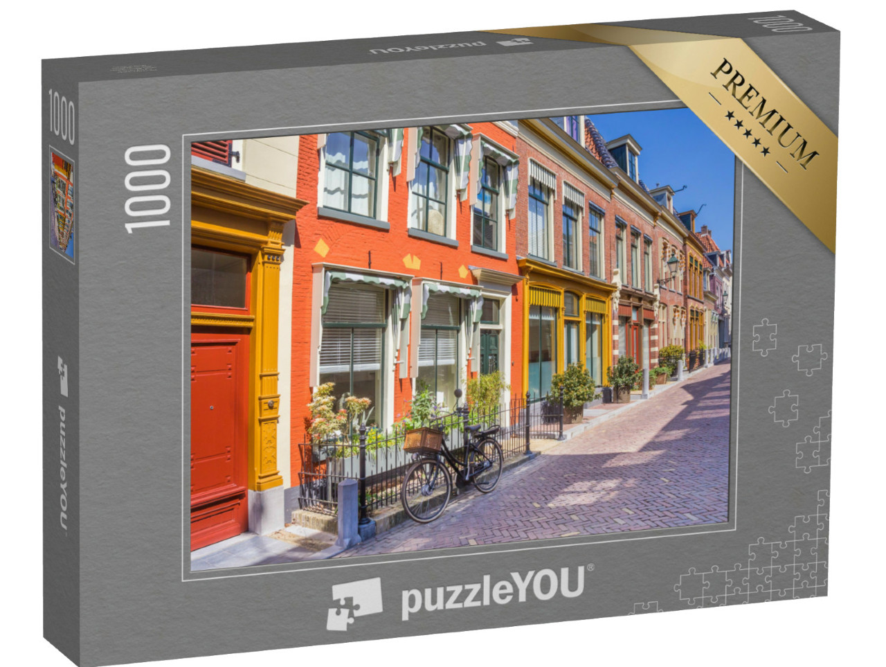Puzzel 1000 stukjes „Fiets voor de kleurrijke huizen van de historische stad Leeuwarden, Nederland“