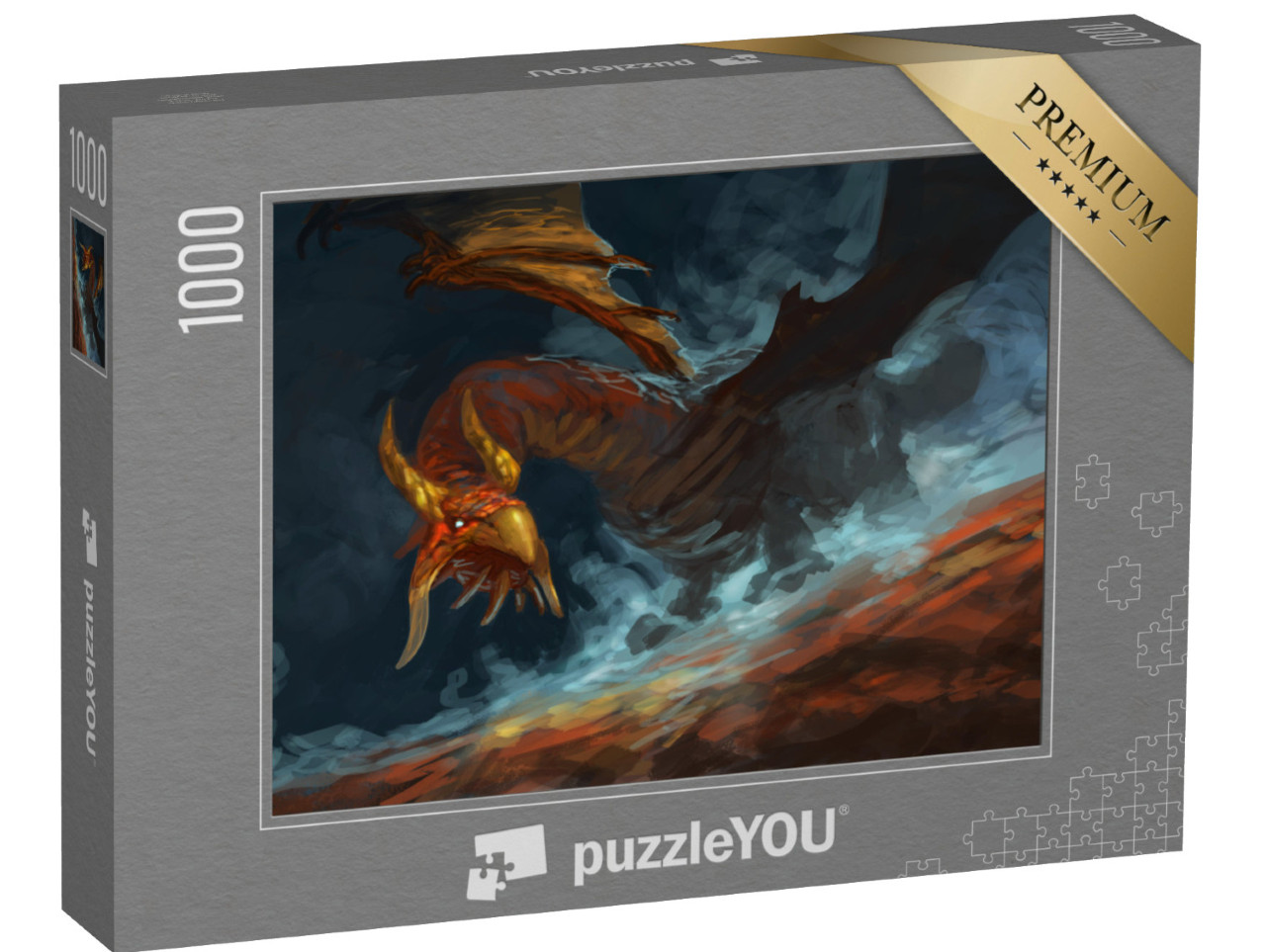 Puzzel 1000 stukjes „Rode draak met blauwe magie, wervelend, digitaal fantasieschilderij“