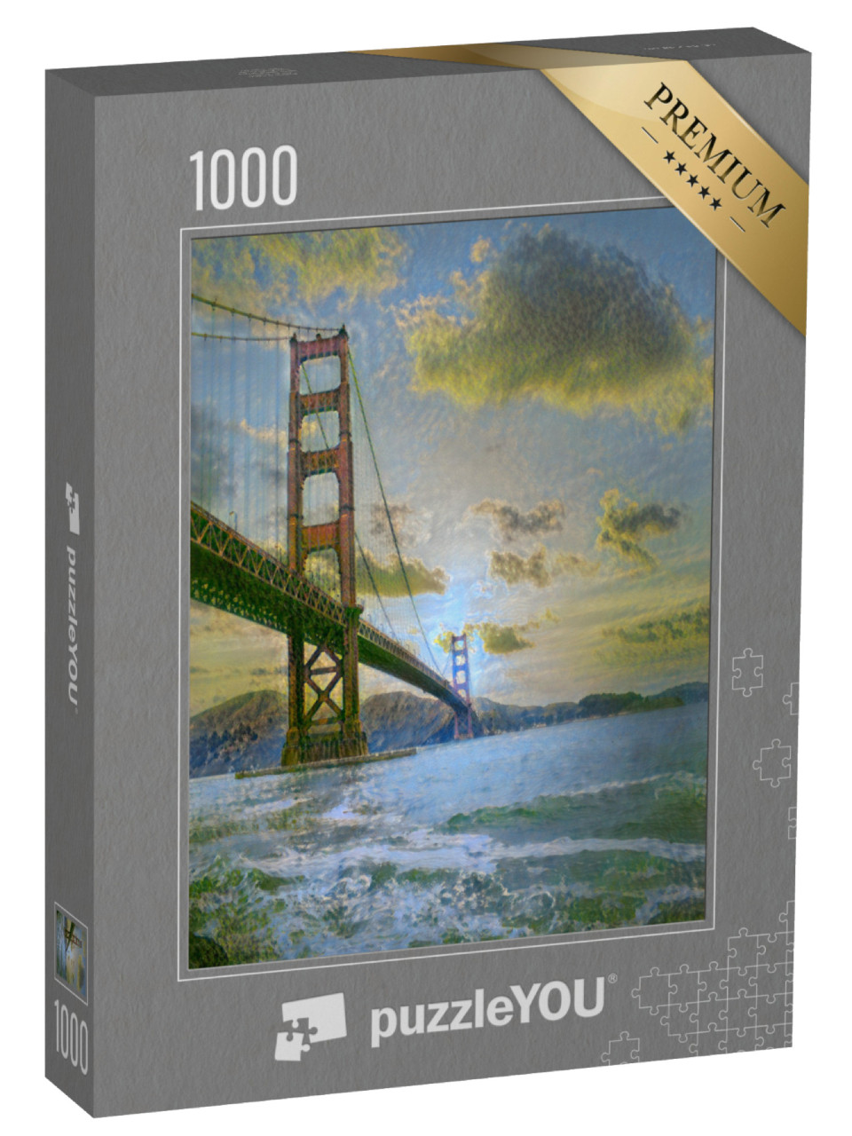 Puzzel 1000 stukjes „in de kunststijl van Claude Monet - Golden Gate Bridge bij zonsondergang“