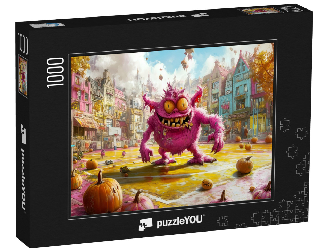 Puzzel 1000 stukjes „Paarse monsters op het basketbalveld met Halloween“