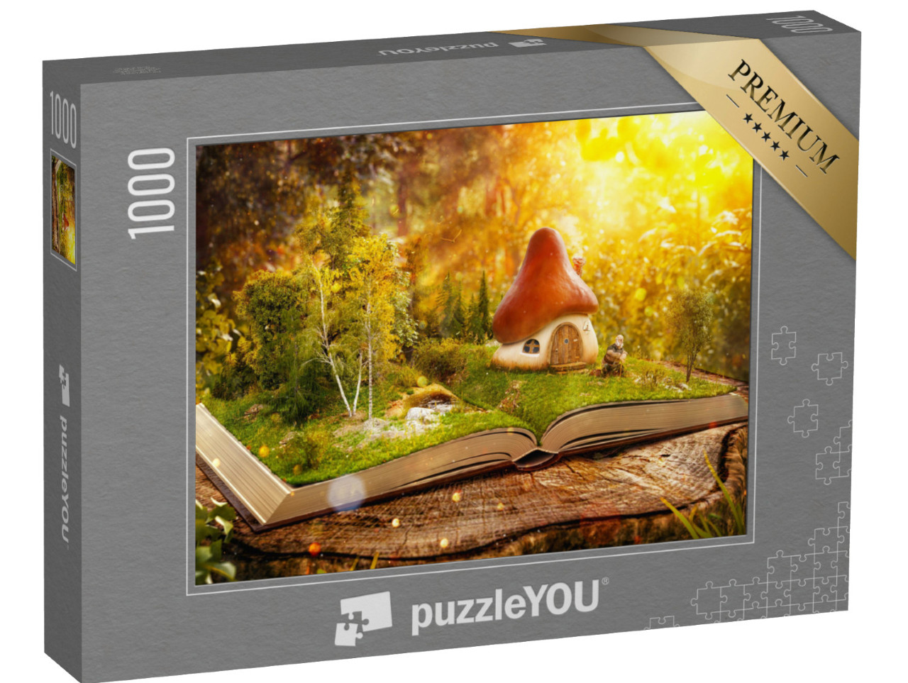 Puzzel 1000 stukjes „Digitale kunst: Magisch paddenstoelenhuis in een betoverd woud van boeken“