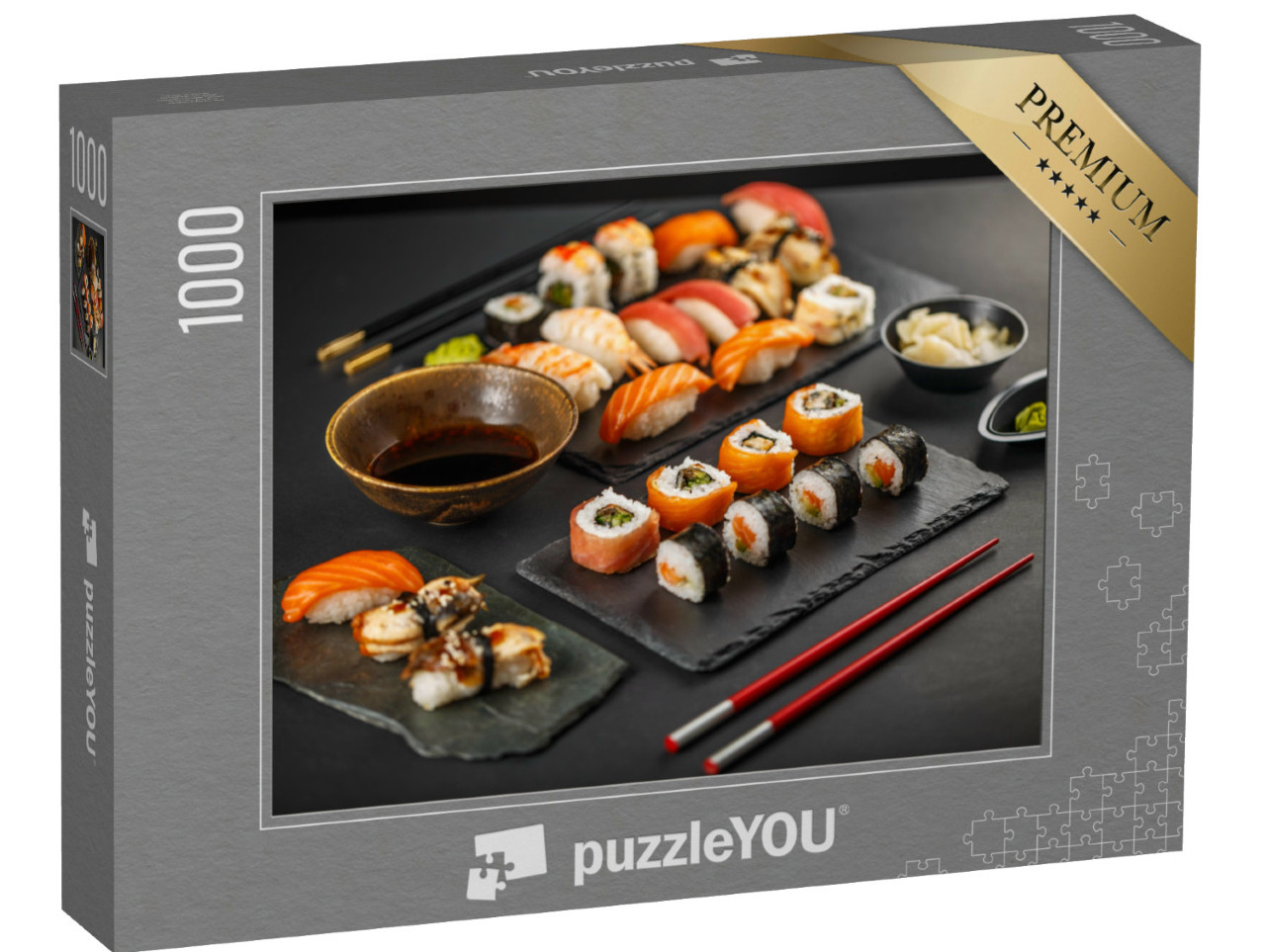 Puzzel 1000 stukjes „Verse sushi op zwart leitje“