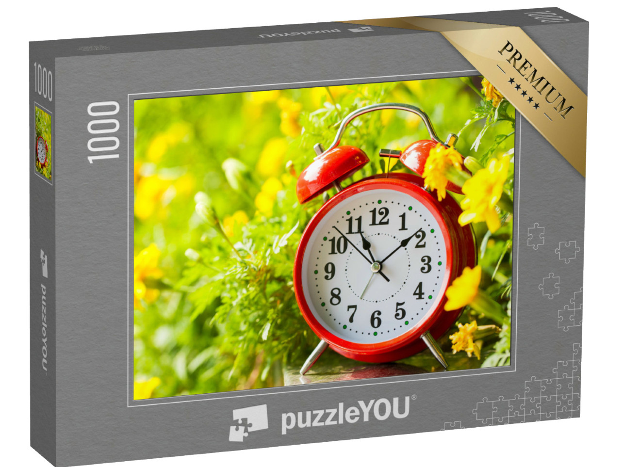 Puzzel 1000 stukjes „Vintage rode wekker in een tuin met gele bloemen“