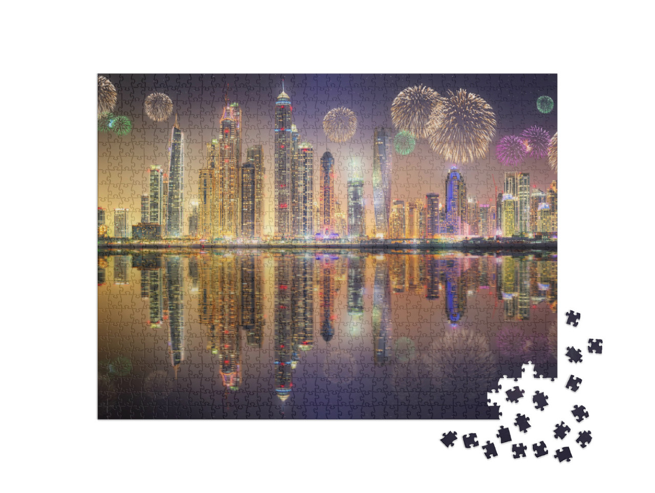 Puzzel 1000 stukjes „Panorama van de wolkenkrabbers in Dubai Marina met vuurwerk“