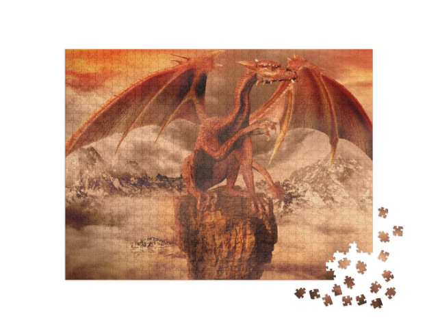 Puzzel 1000 stukjes „Rode draak op een rots“