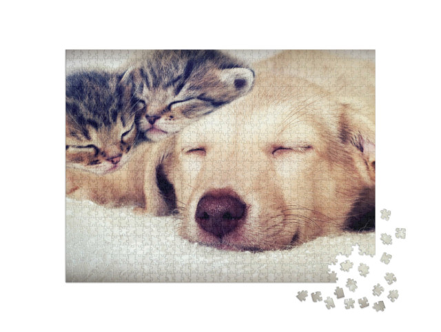 Puzzel 1000 stukjes „Puppy en kitten slapen“