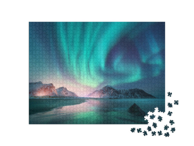 Puzzel 1000 stukjes „Noorderlicht boven zee en besneeuwde bergen“