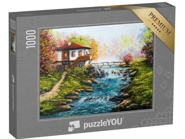 Puzzel 1000 stukjes „Olieverfschilderij: Traditioneel Bulgaars huis bij de rivier in de bergen“