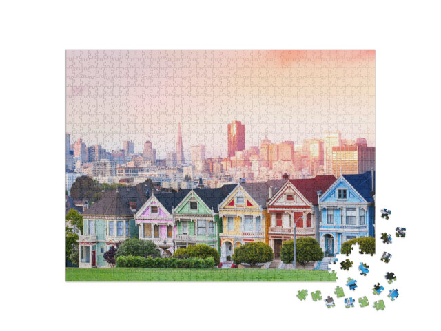 Puzzel 1000 stukjes „Geschilderde dames voor de skyline van San Francisco bij nacht“