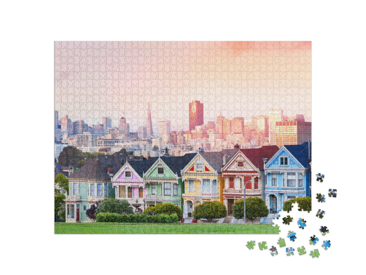 Puzzel 1000 stukjes „Geschilderde dames voor de skyline van San Francisco bij nacht“