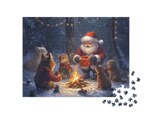 Puzzel 1000 stukjes „Noël en forêt : les enfants des animaux reçoivent des cadeaux du Père Noël“