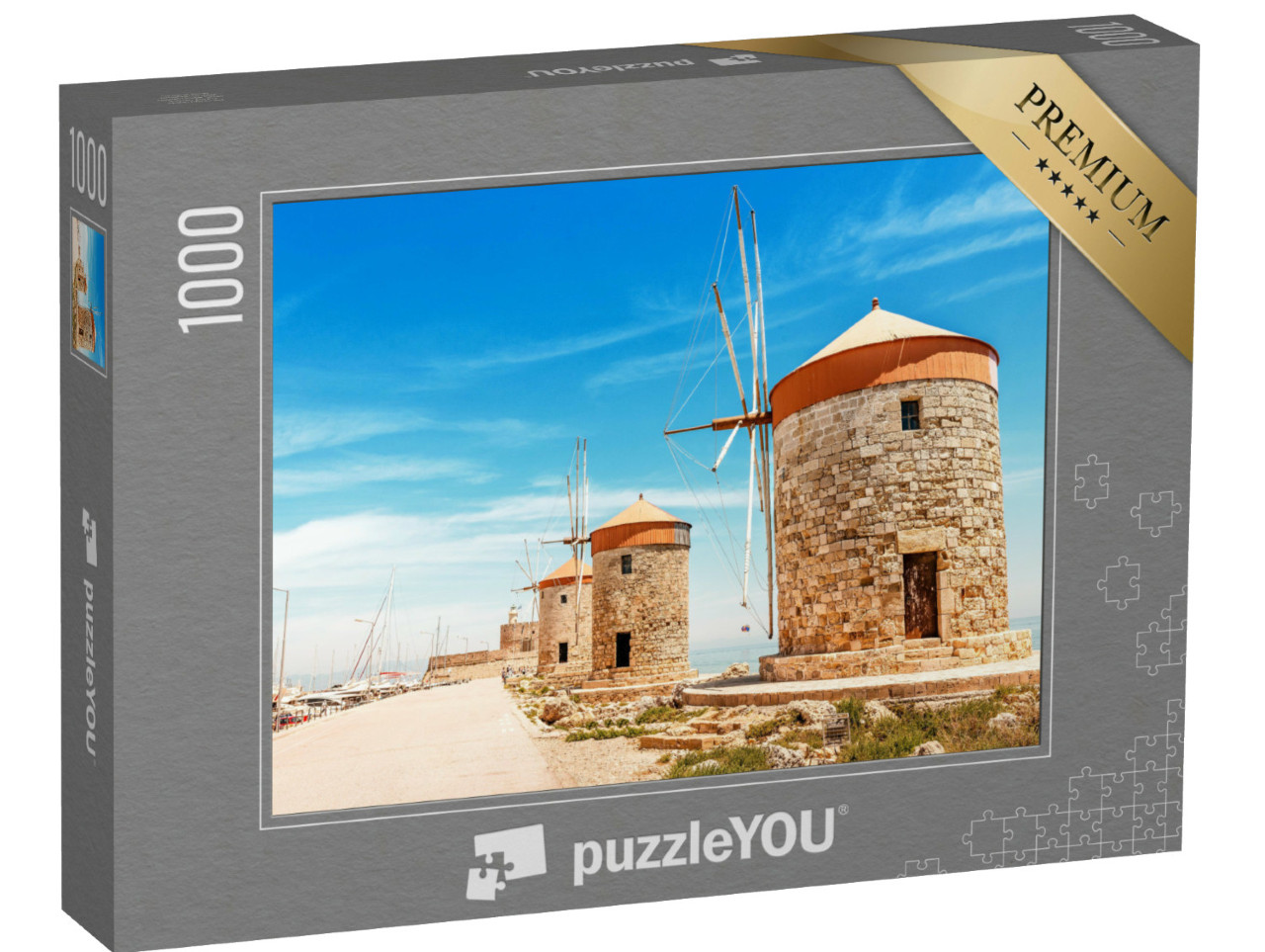 Puzzel 1000 stukjes „Haven van Mandraki op Rhodos met windmolens, Griekenland“