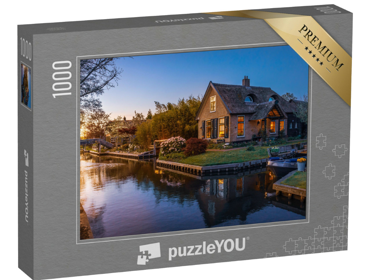 Puzzel 1000 stukjes „Prachtige zonsondergang over kanaal en pittoreske huizen, Giethoorn, Nederland“