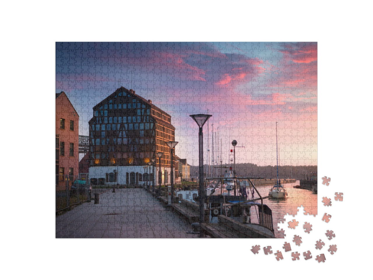 Puzzel 1000 stukjes „Zonsondergang in de haven van Klaipeda, Litouwen“