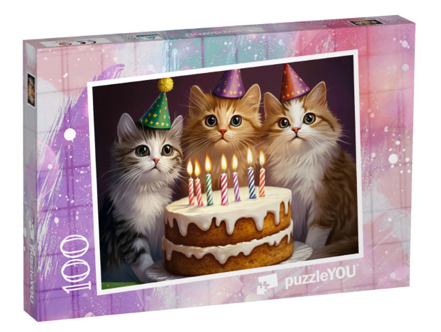 Puzzel 100 stukjes „Katten, taart, kaarsen en cadeautjes“