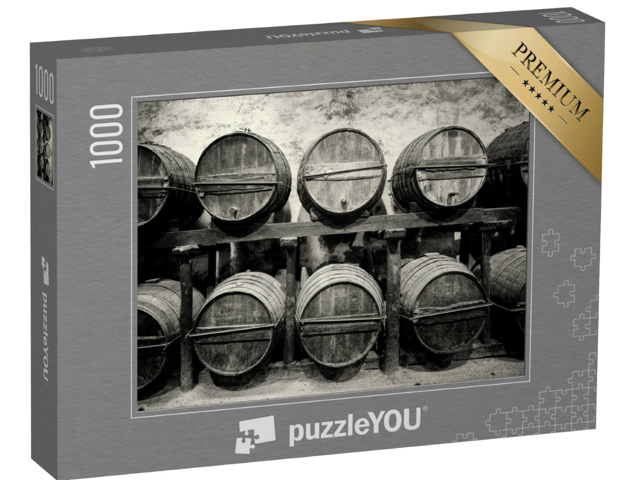 Puzzel 1000 stukjes „Gestapelde vaten in de wijnmakerij, zwart en wit“