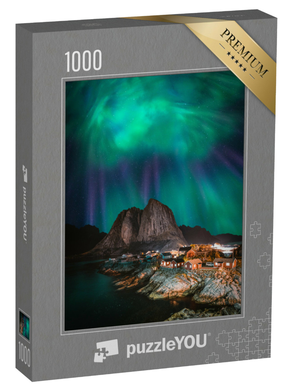 Puzzel 1000 stukjes „Noorderlicht boven het vissersdorp Hamnøy, Noorwegen“